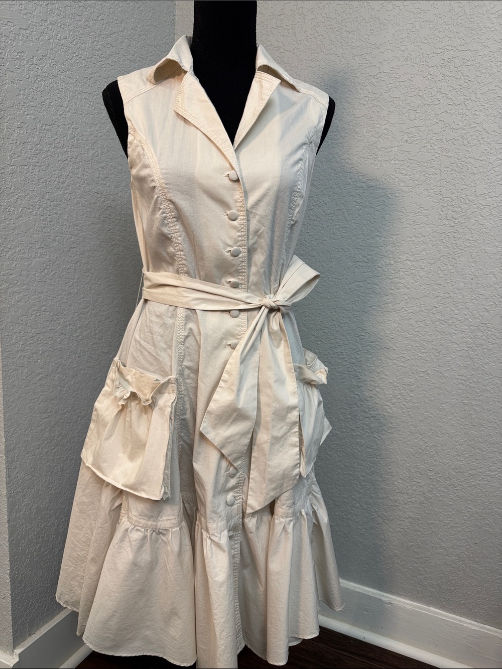 Sleeveless Cream Button-Front Tie-Waist Dress